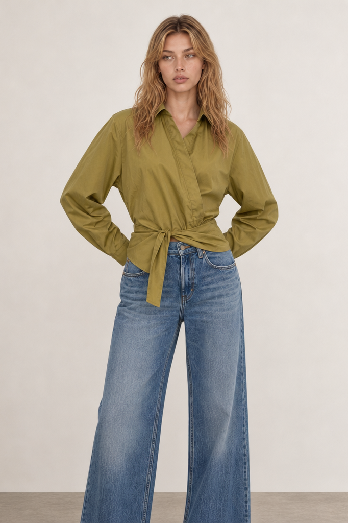 TWISTED WAIST ASYMMETRICAL BUTTON DOWN SHIRT TOP