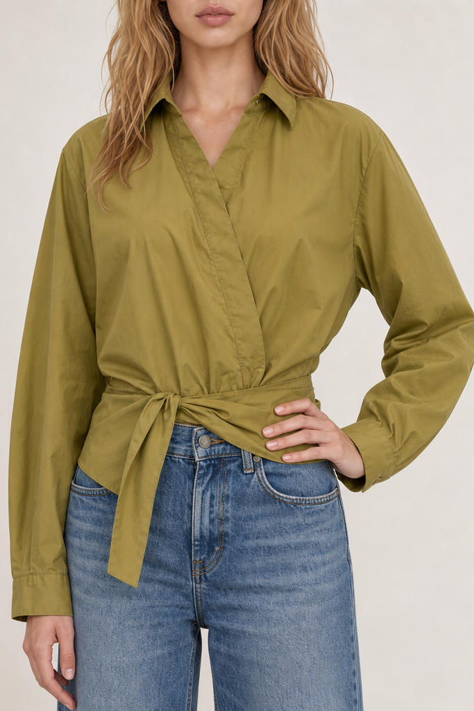TWISTED WAIST ASYMMETRICAL BUTTON DOWN SHIRT TOP