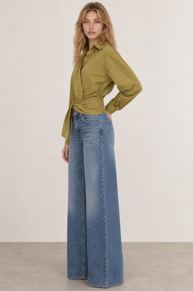 TWISTED WAIST ASYMMETRICAL BUTTON DOWN SHIRT TOP
