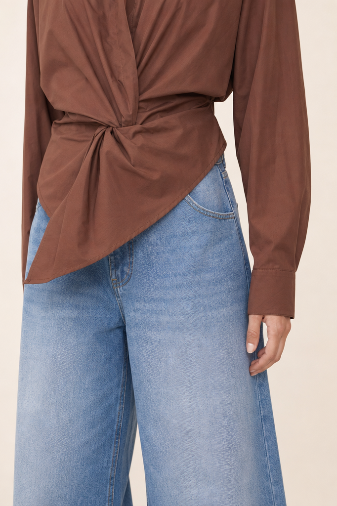 TWISTED WAIST ASYMMETRICAL BUTTON DOWN SHIRT TOP