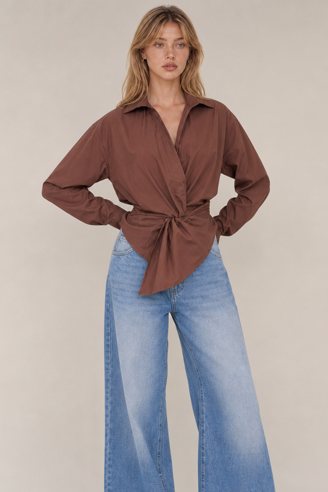 TWISTED WAIST ASYMMETRICAL BUTTON DOWN SHIRT TOP