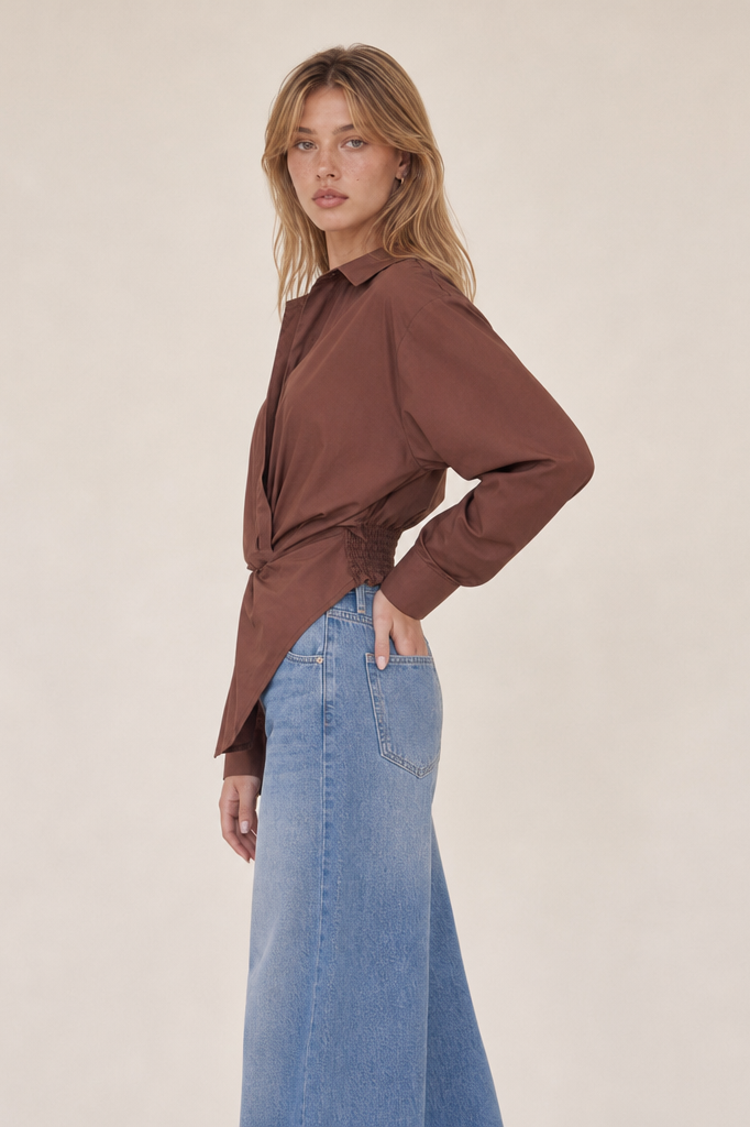TWISTED WAIST ASYMMETRICAL BUTTON DOWN SHIRT TOP