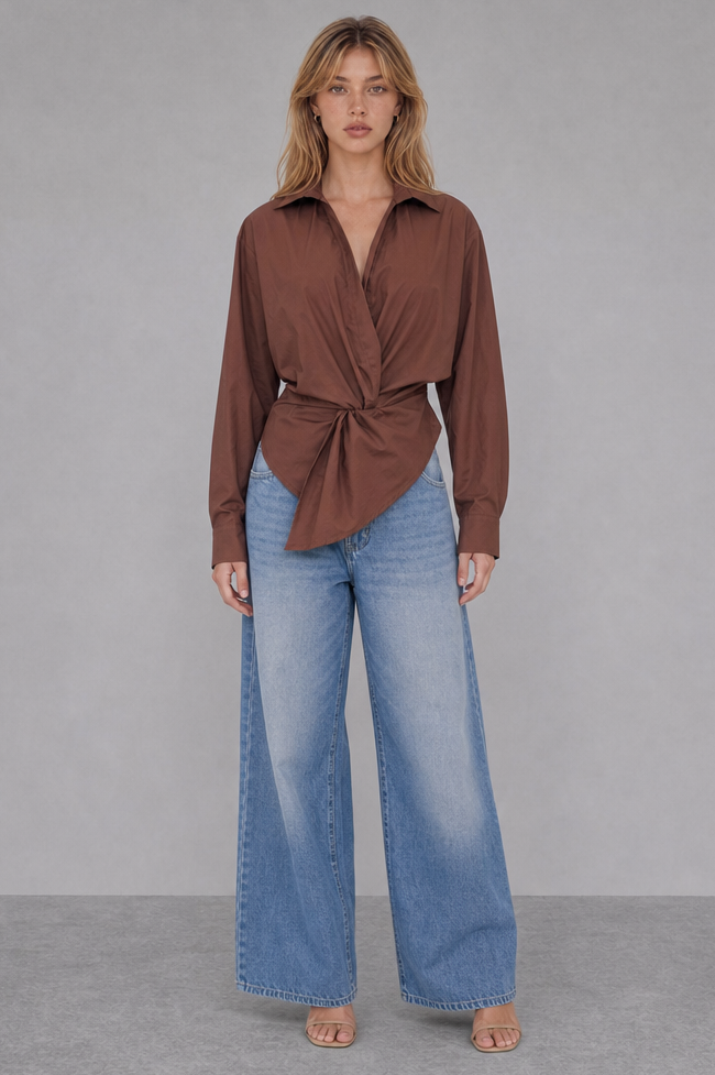 TWISTED WAIST ASYMMETRICAL BUTTON DOWN SHIRT TOP