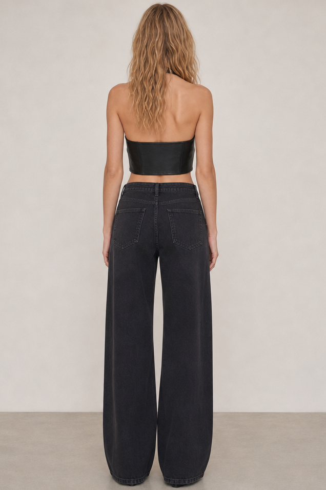 STUDDED FAUX LEATHER HALTER CORSET TOP