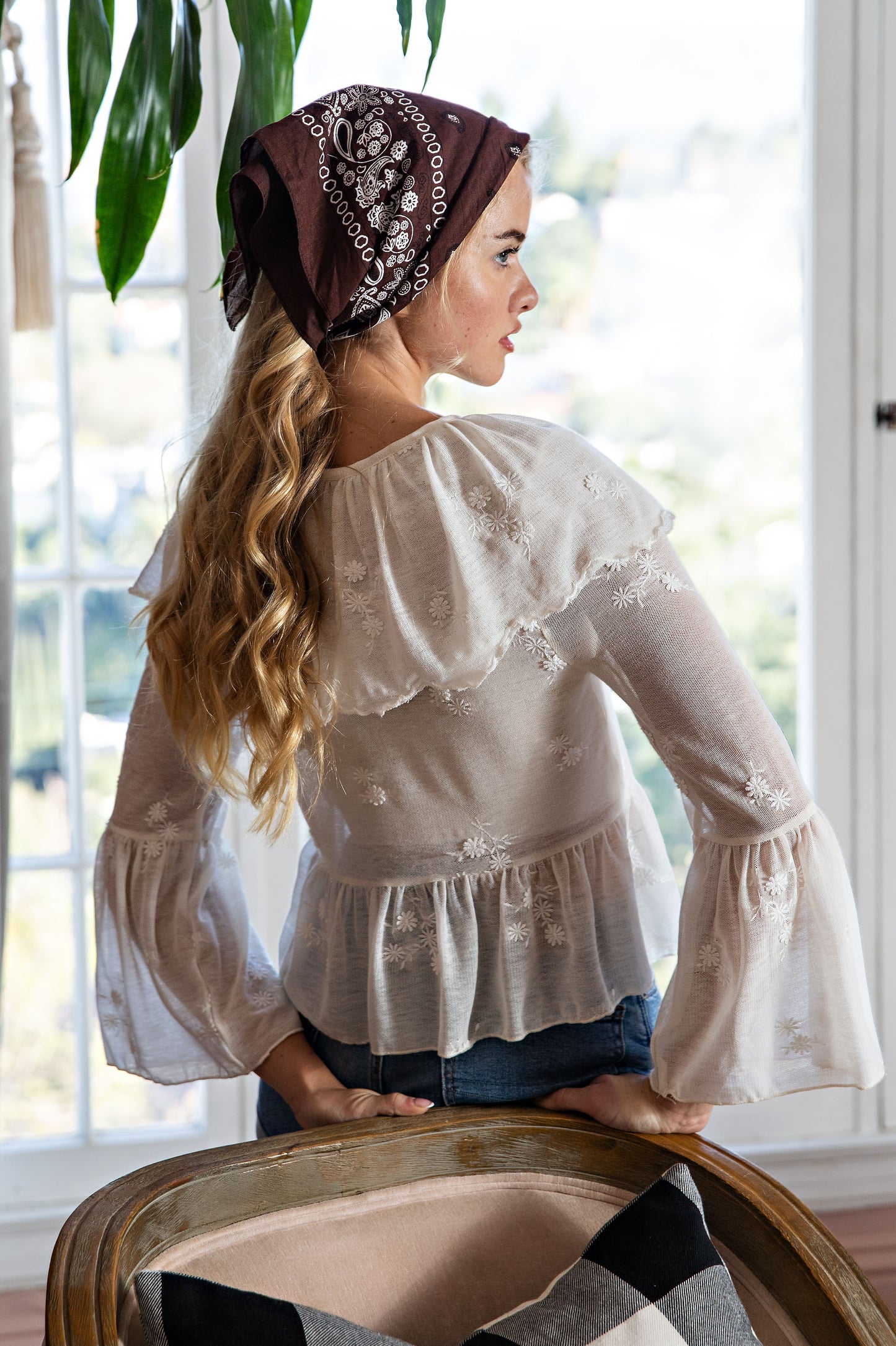 FLORAL EMBROIDERED BELL SLEEVE BLOUSE