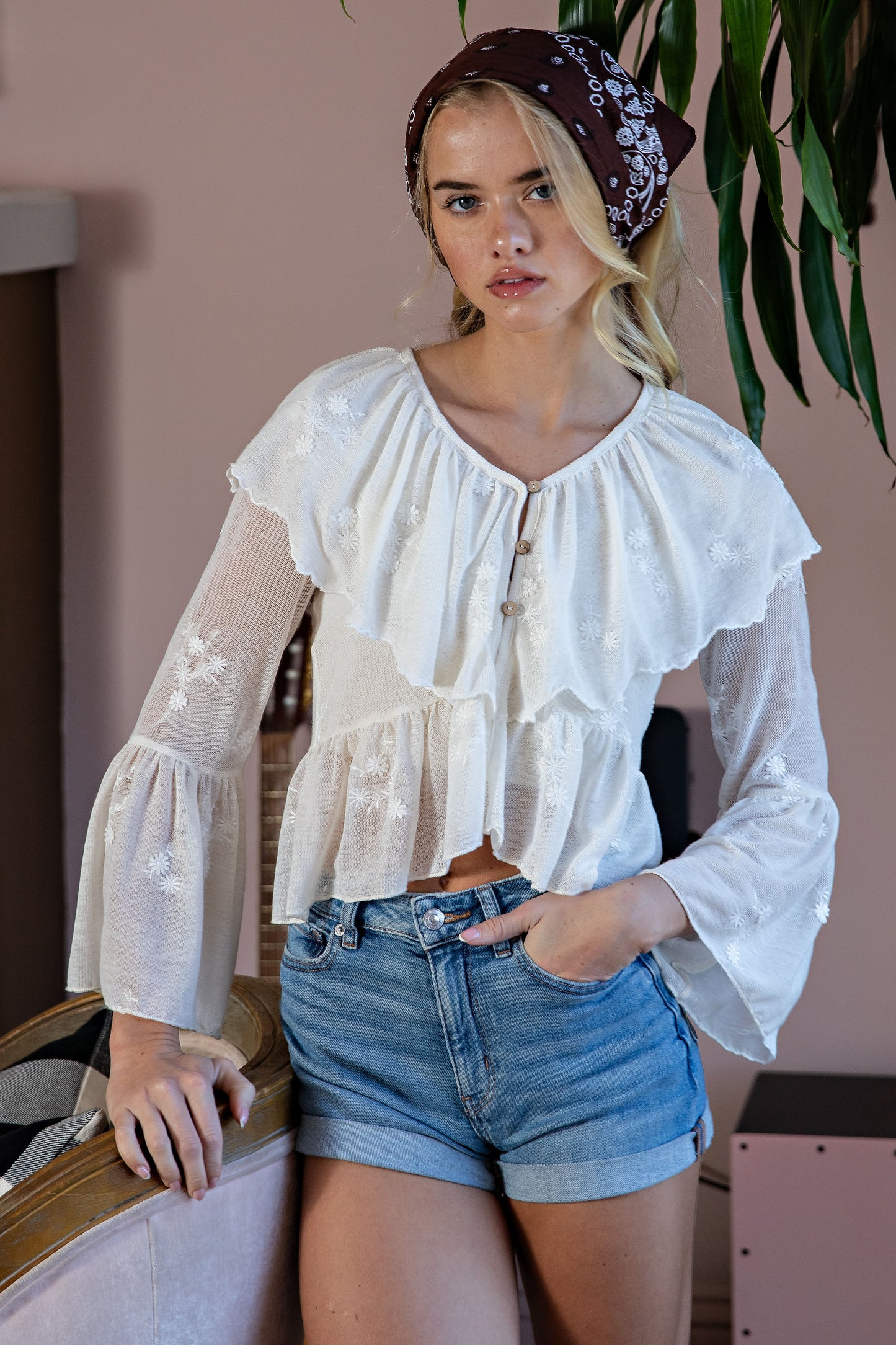 FLORAL EMBROIDERED BELL SLEEVE BLOUSE