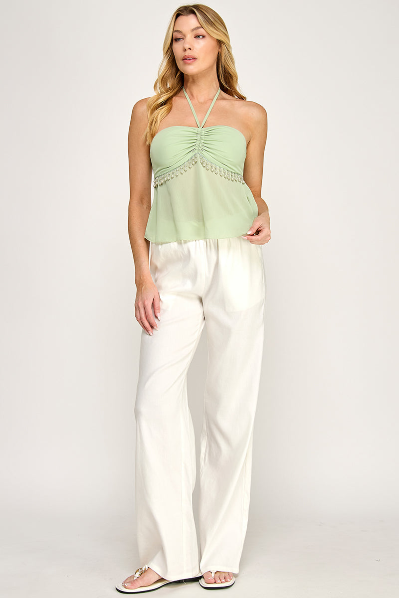 HALTER NECK SMOCKED PEPLUM BLOUSE WITH LACE TRIM