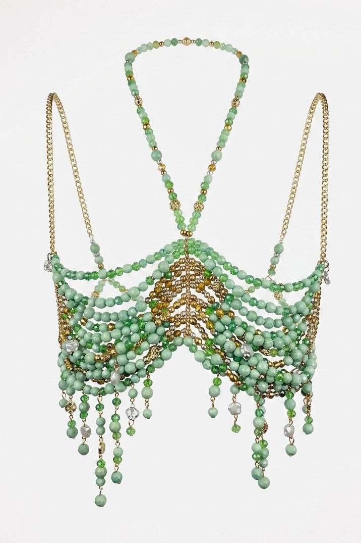 EMERALD BEADED CHAIN FRINGE HALTER TOP