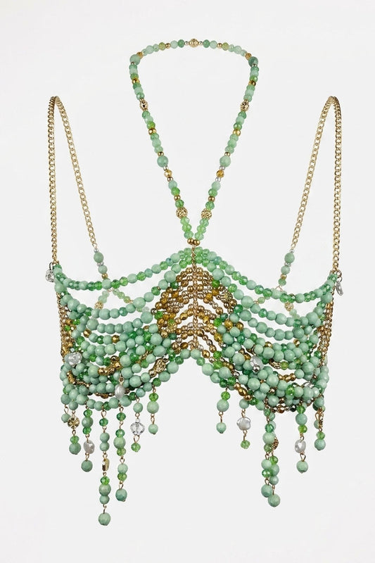 EMERALD BEADED CHAIN FRINGE HALTER TOP
