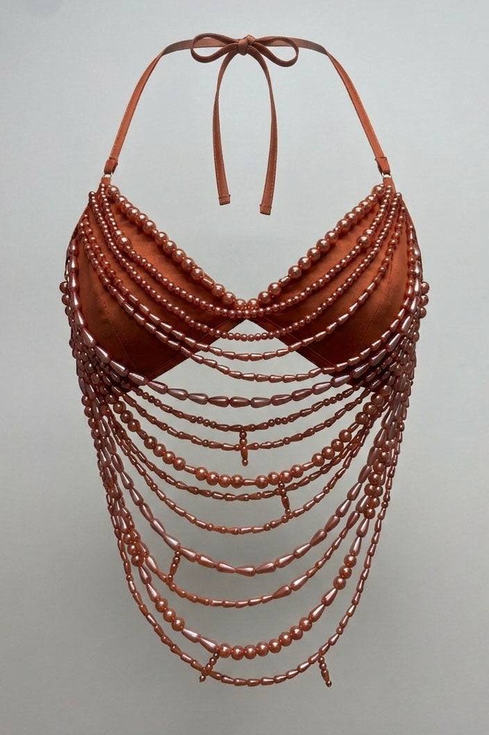 PEARL DRAPED BODY CHAIN HALTER TOP