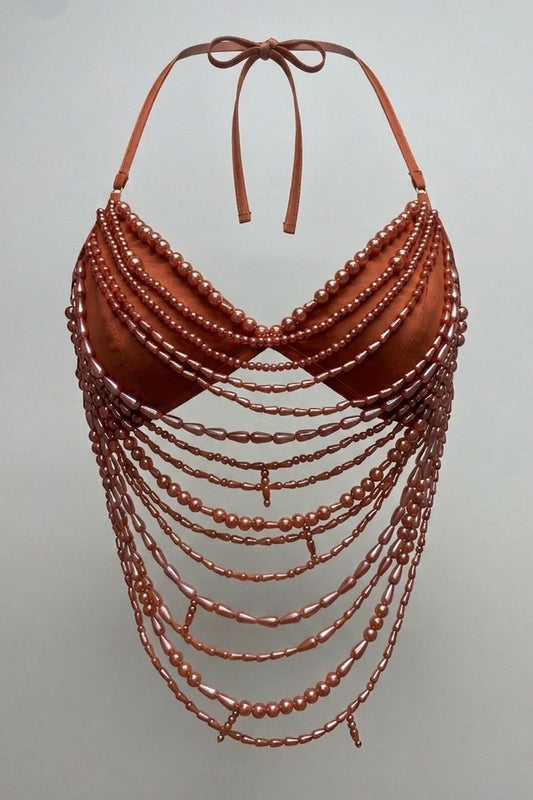 PEARL DRAPED BODY CHAIN HALTER TOP