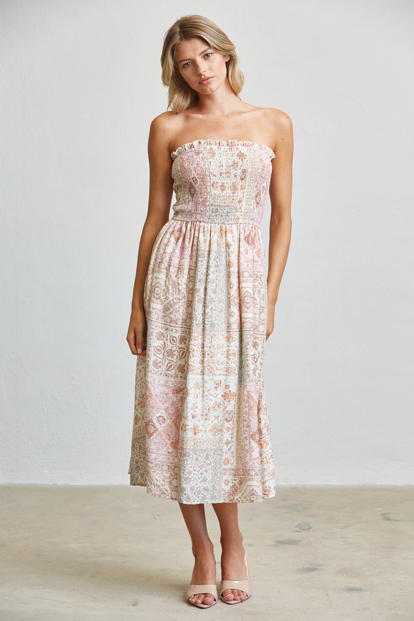PATCHWORK SMOCKED MIDI DRESS