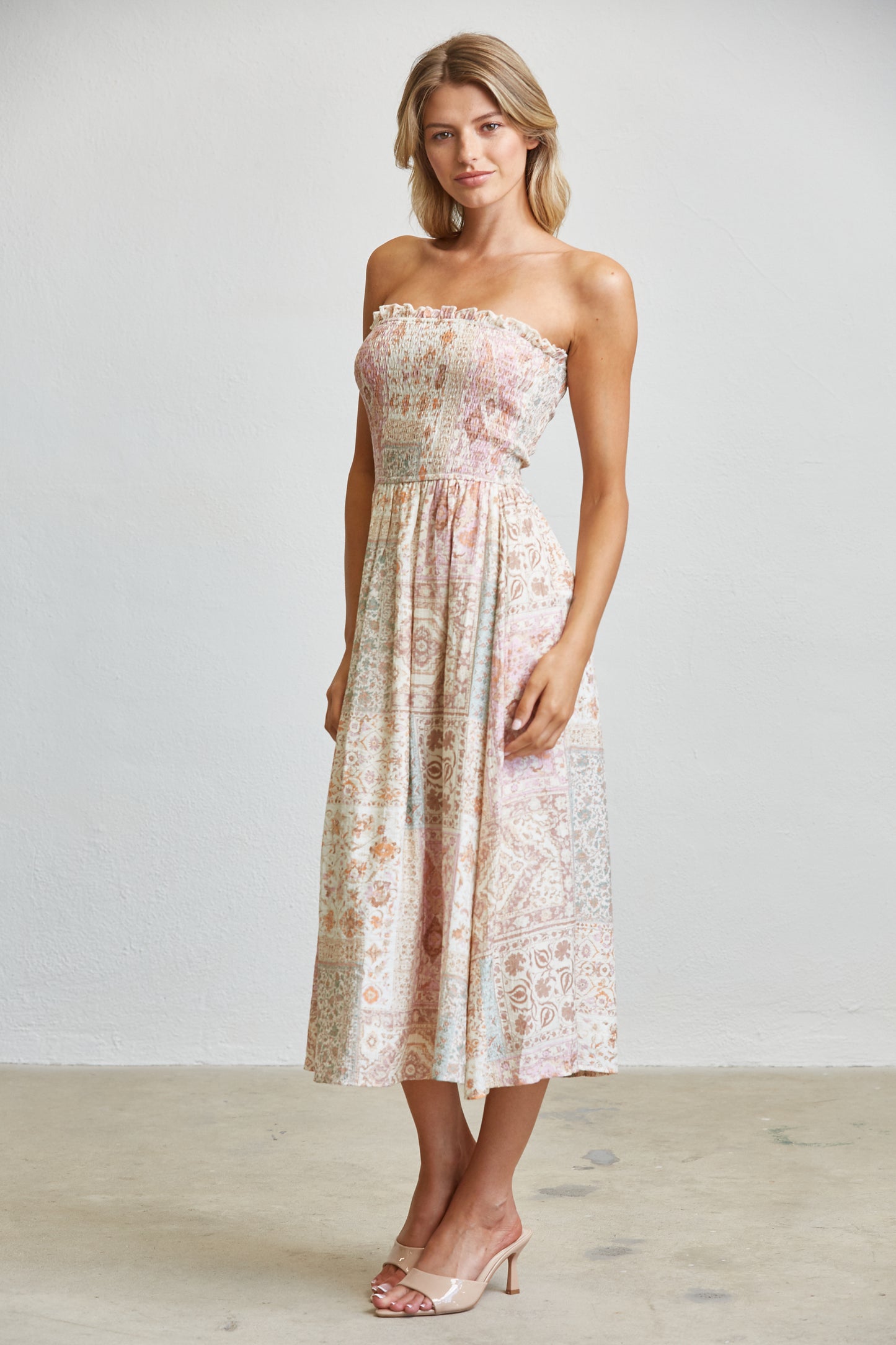 PATCHWORK SMOCKED MIDI DRESS