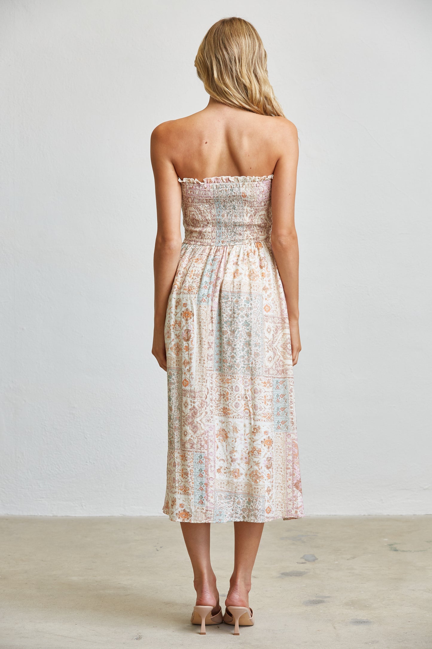 PATCHWORK SMOCKED MIDI DRESS