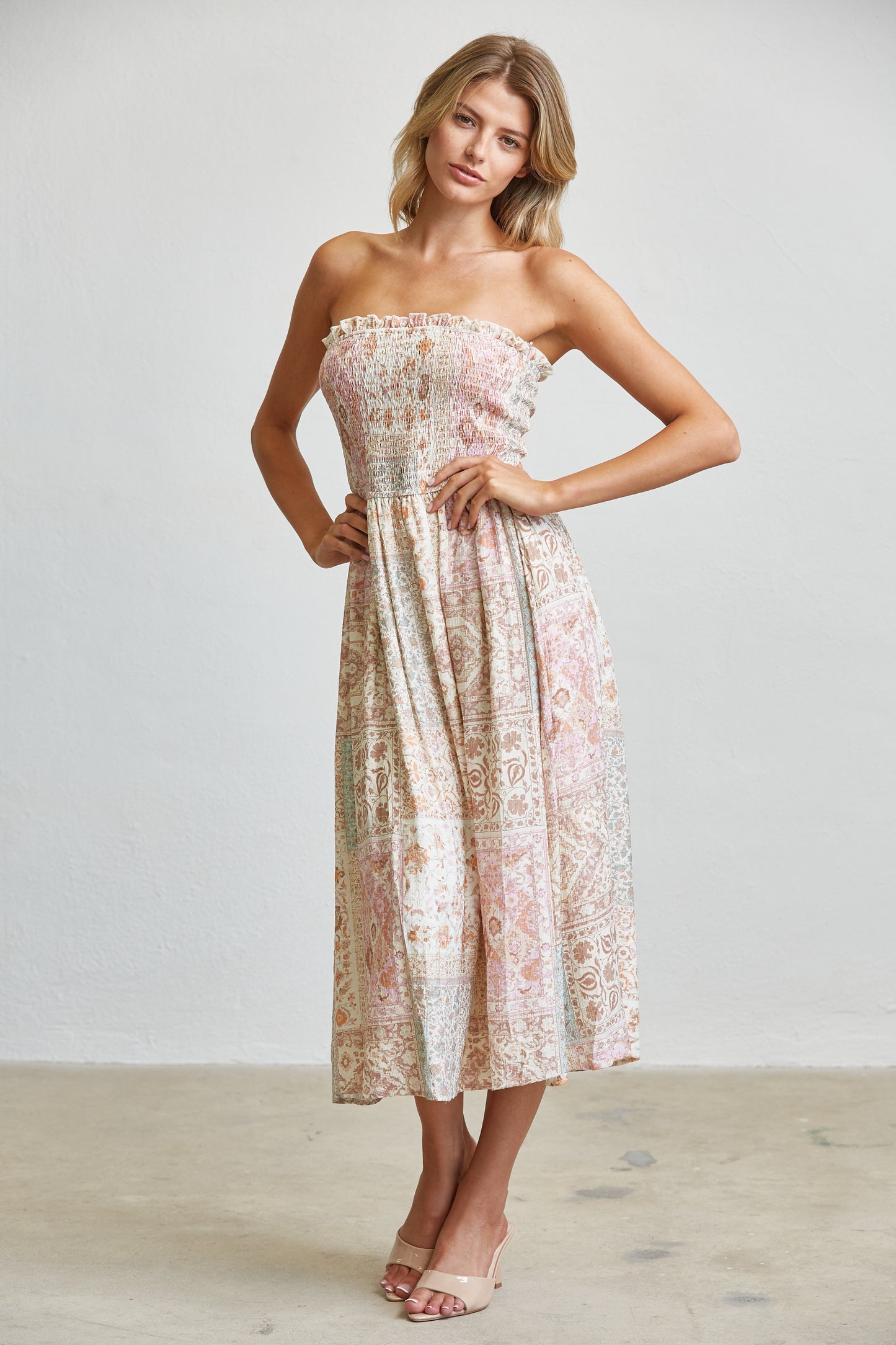 PATCHWORK SMOCKED MIDI DRESS