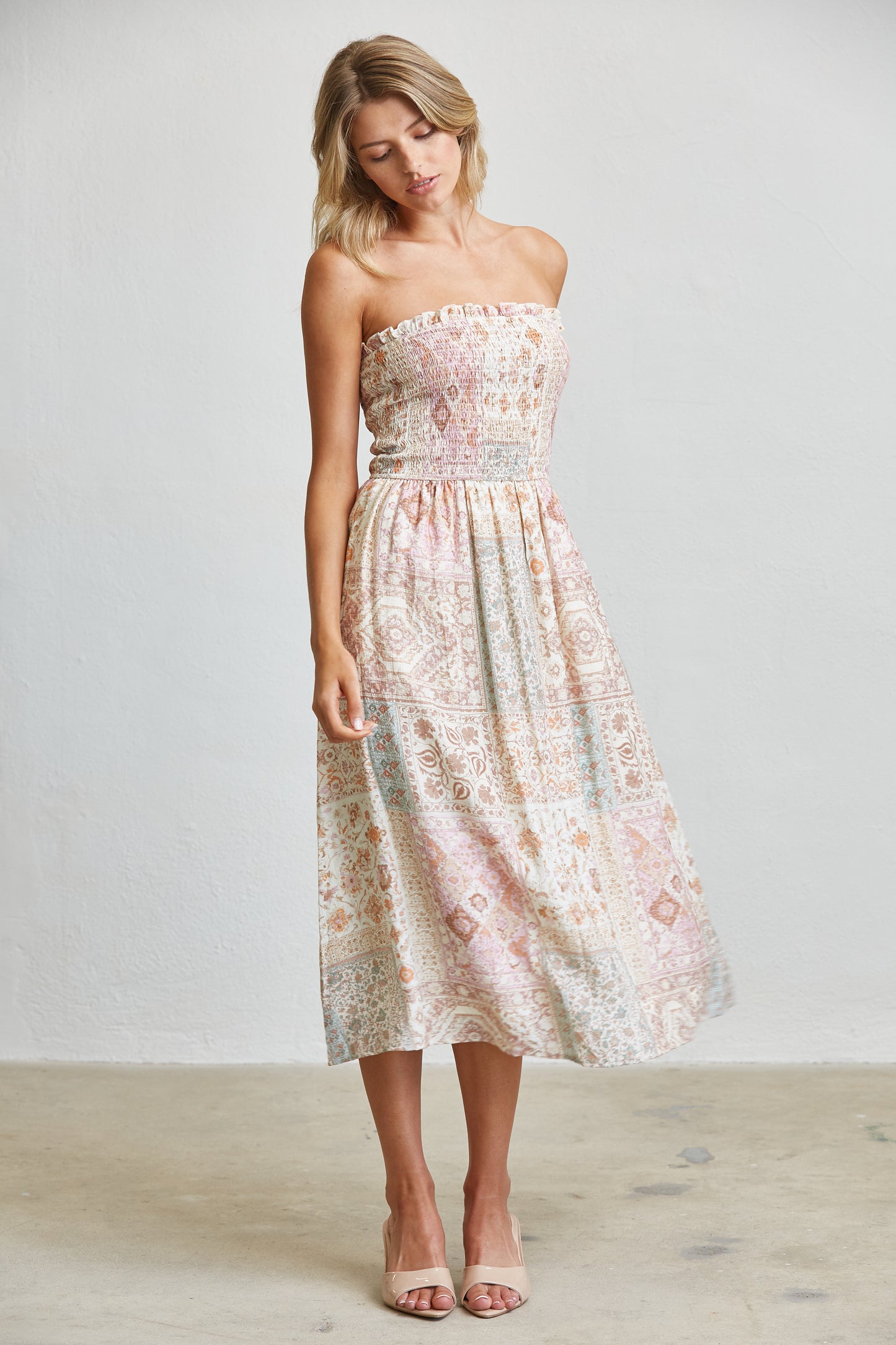 PATCHWORK SMOCKED MIDI DRESS