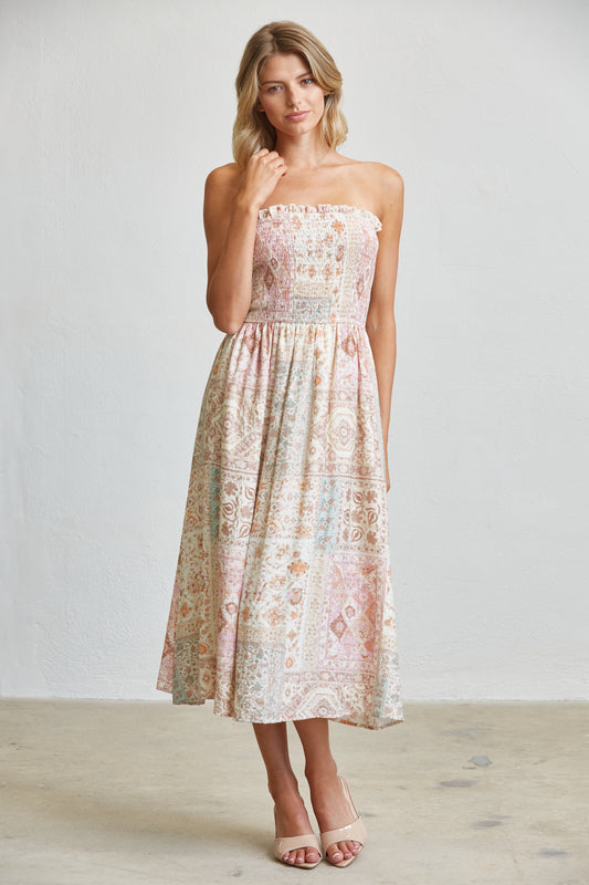 PATCHWORK SMOCKED MIDI DRESS