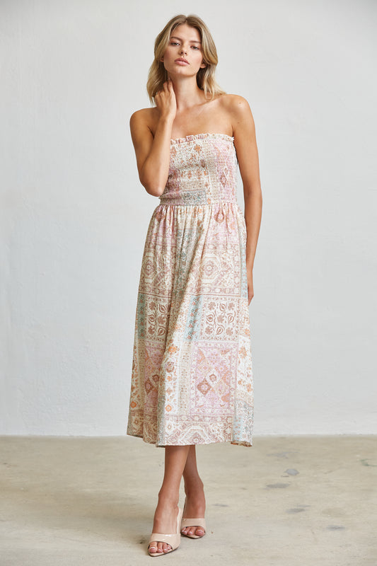 PATCHWORK SMOCKED MIDI DRESS