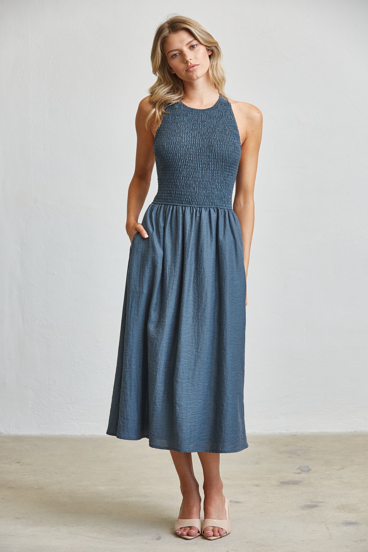 SMOCKED TOP SIDE POCKETS MIDI DRESS - STEEL BLUE