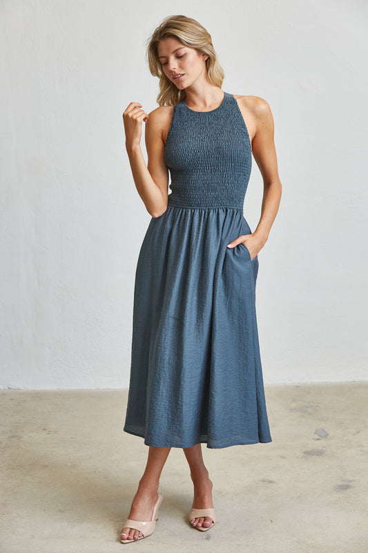 SMOCKED TOP SIDE POCKETS MIDI DRESS - STEEL BLUE