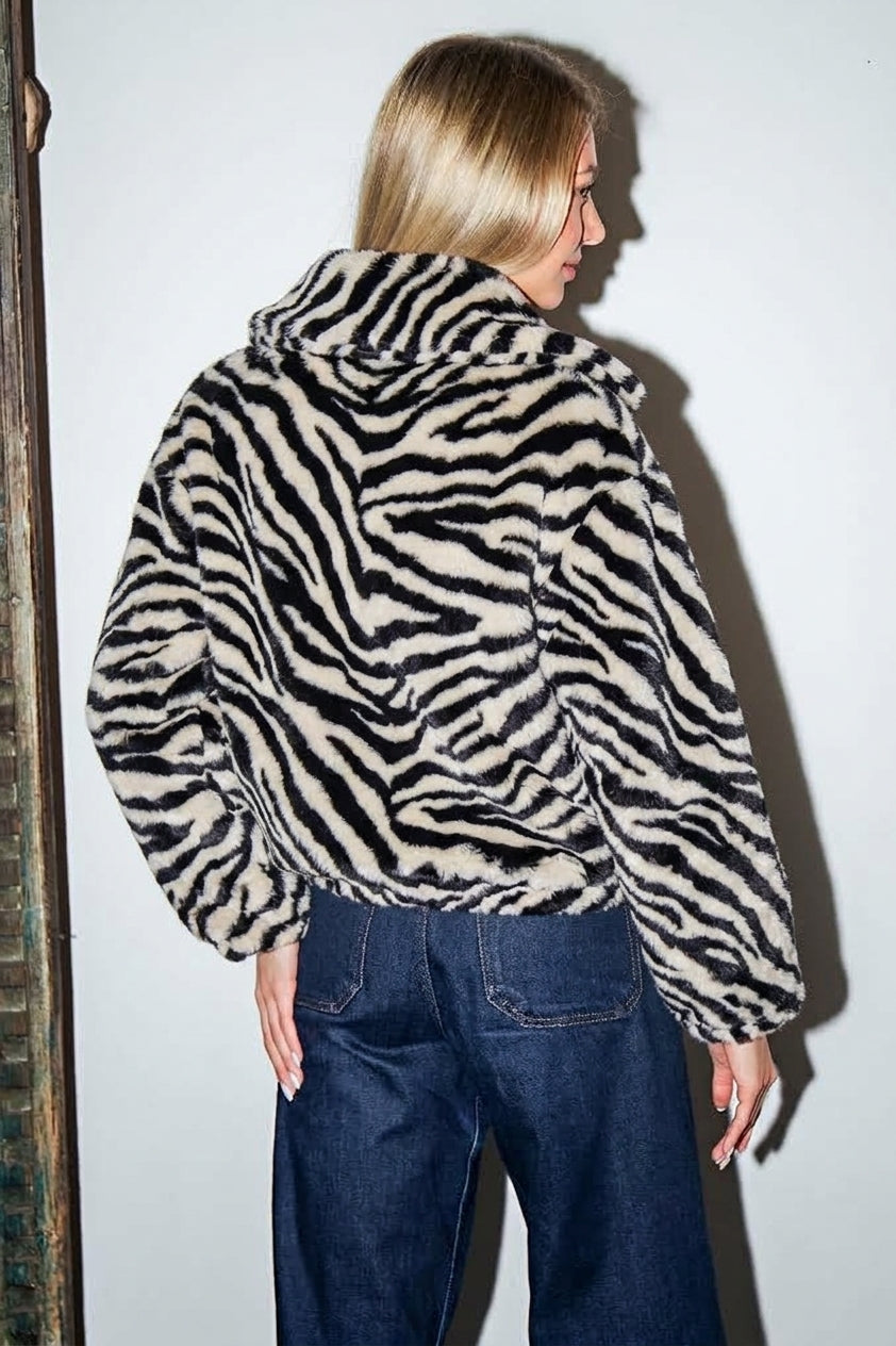 ZEBRA FAUX CROPPED FUNNEL NECK JACKET