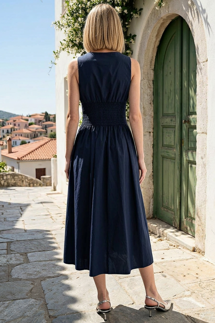 SCALLOP NECK SLEEVELESS MIDI DRESS - MIDNIGHT NAVY