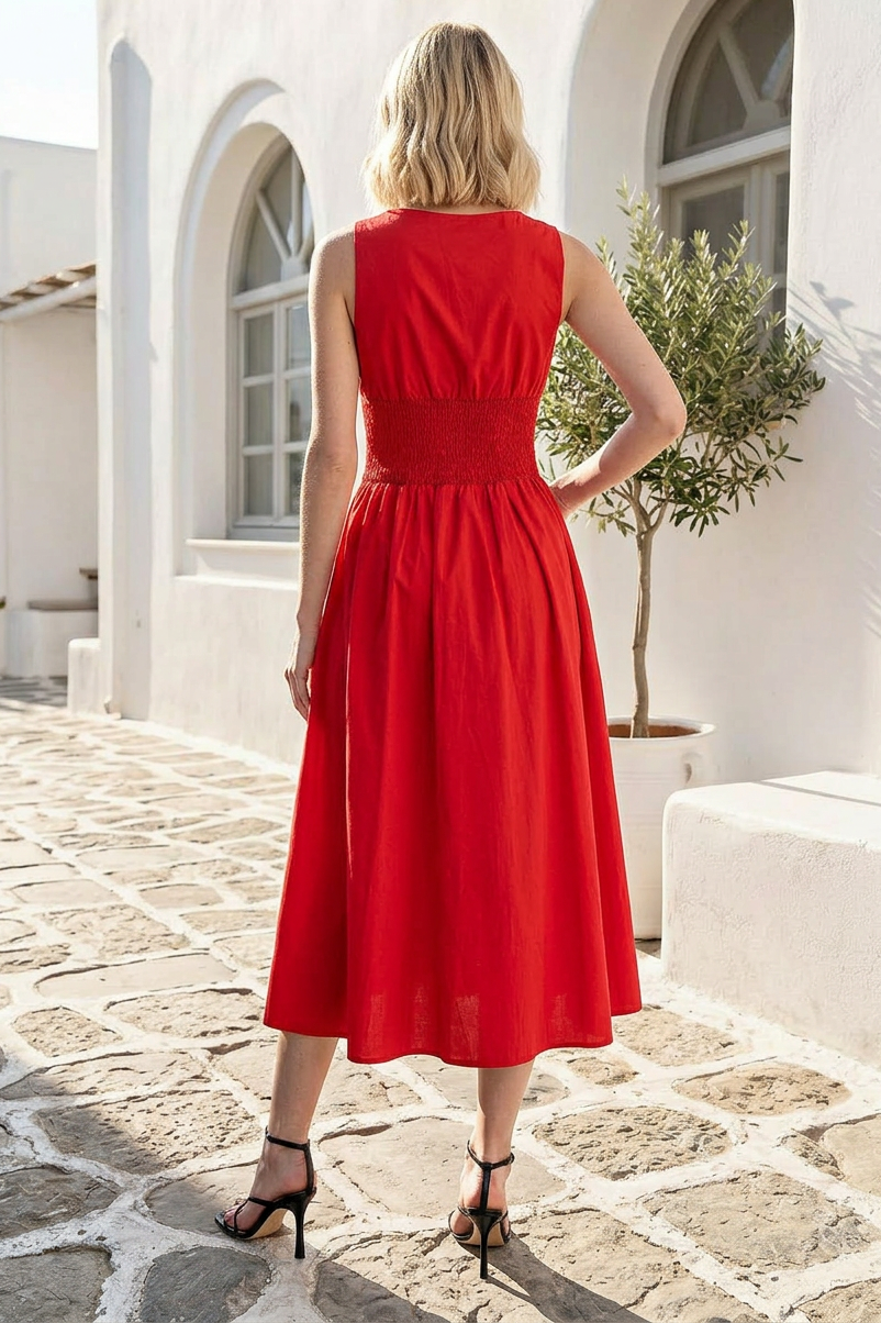 SCALLOP NECK SLEEVELESS MIDI DRESS - SUMMER RED