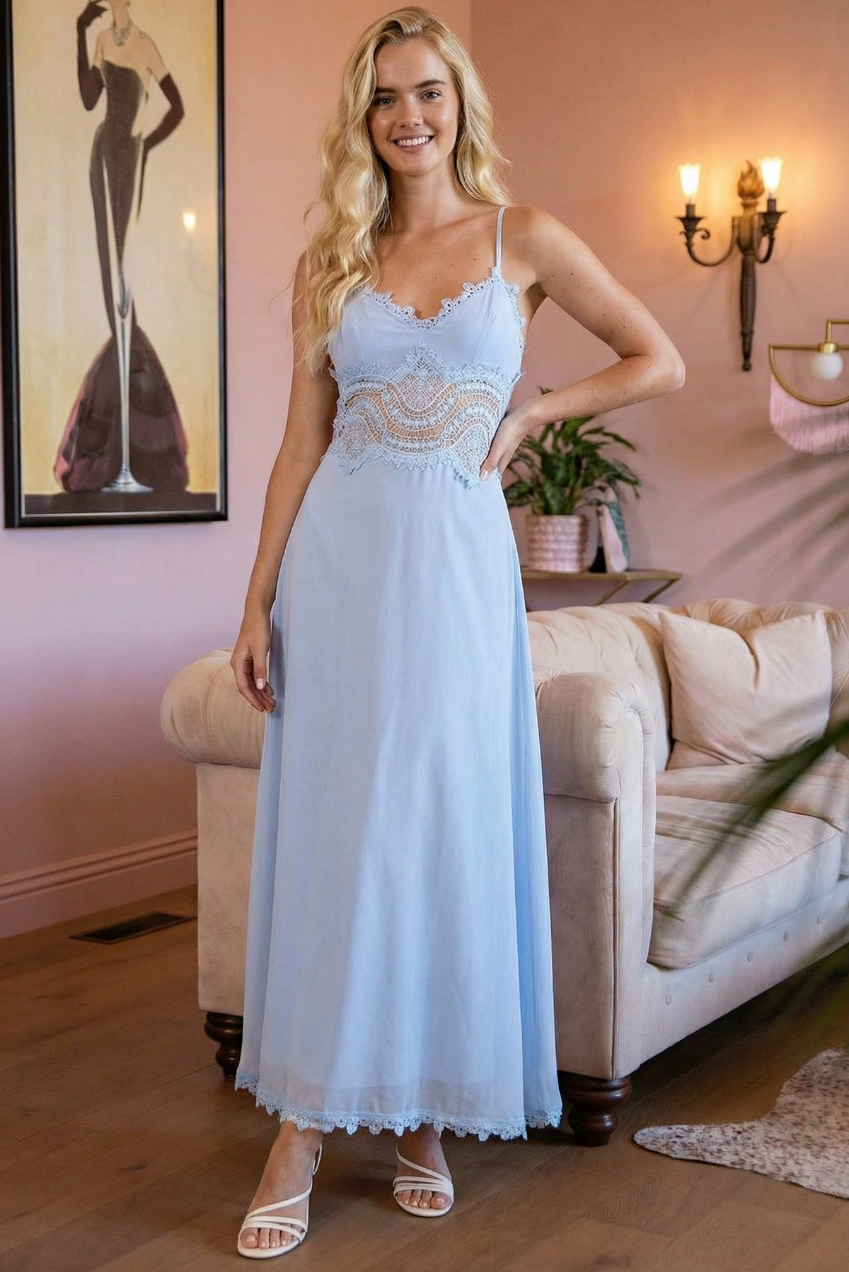 CAMI SCALLOP LACE WAIST DETAIL MAXI DRESS