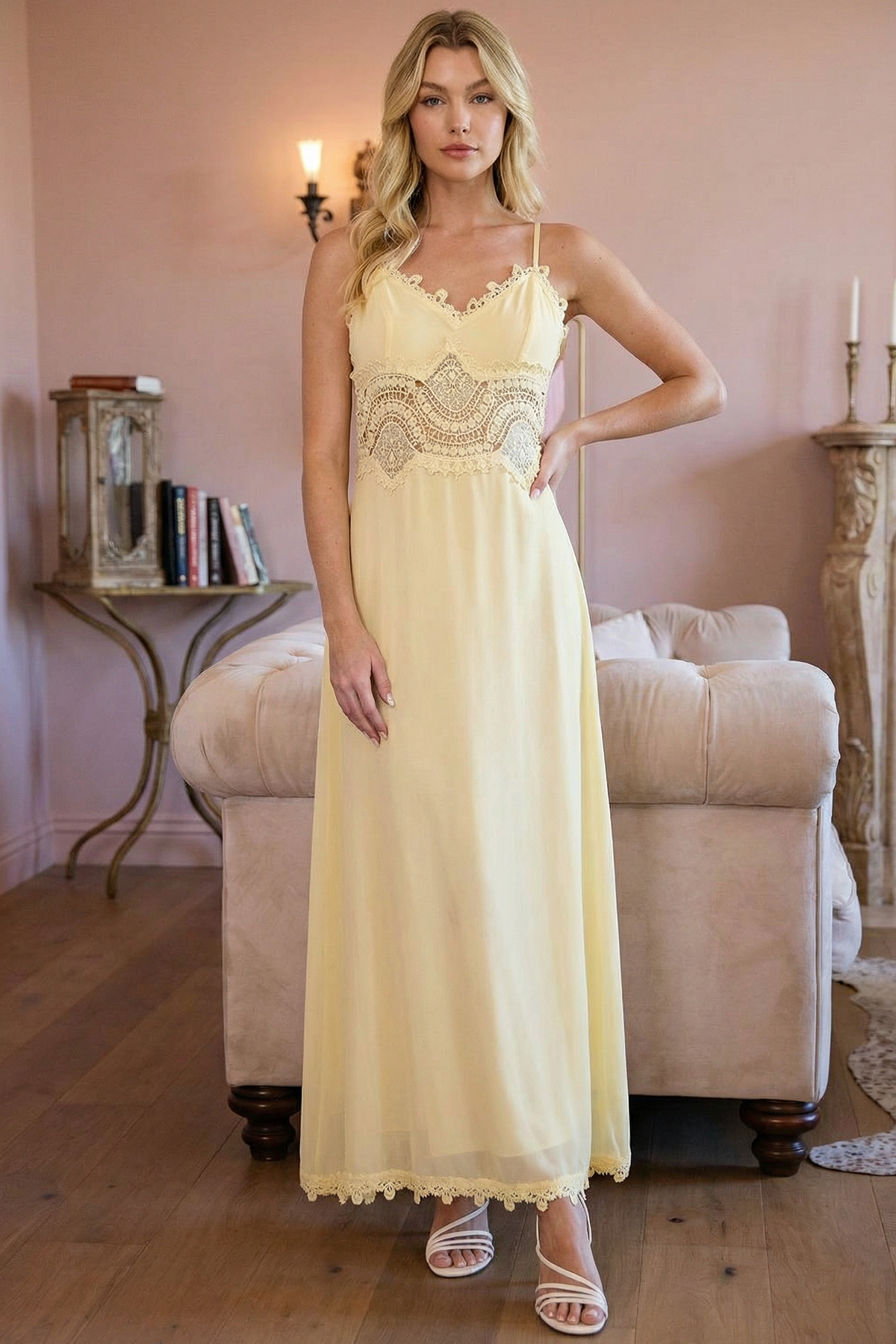 CAMI SCALLOP LACE WAIST DETAIL MAXI DRESS