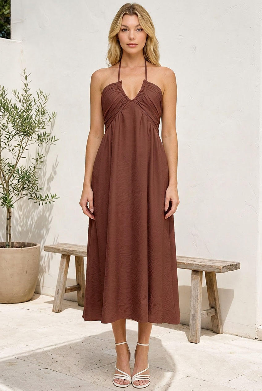 HALTER NECK OPEN BACK SELF TIE MAXI DRESS