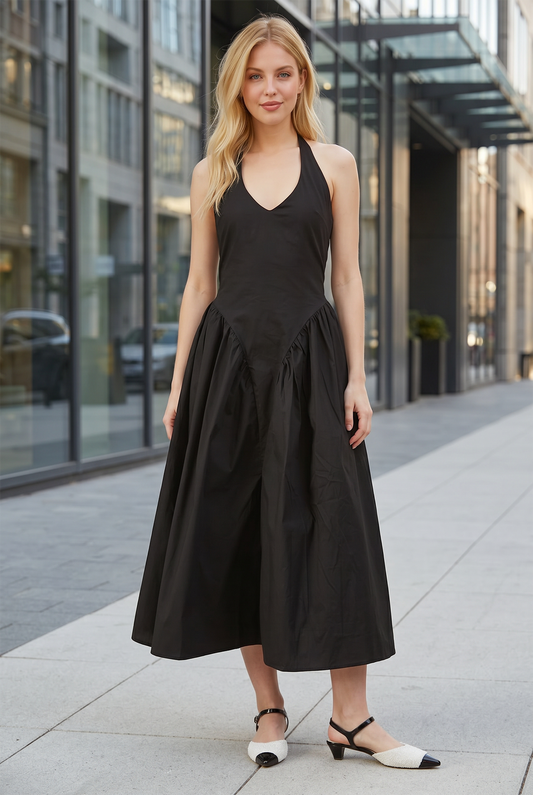 TULLE HALTER NECK MAXI DRESS WITH POCKET - BLACK