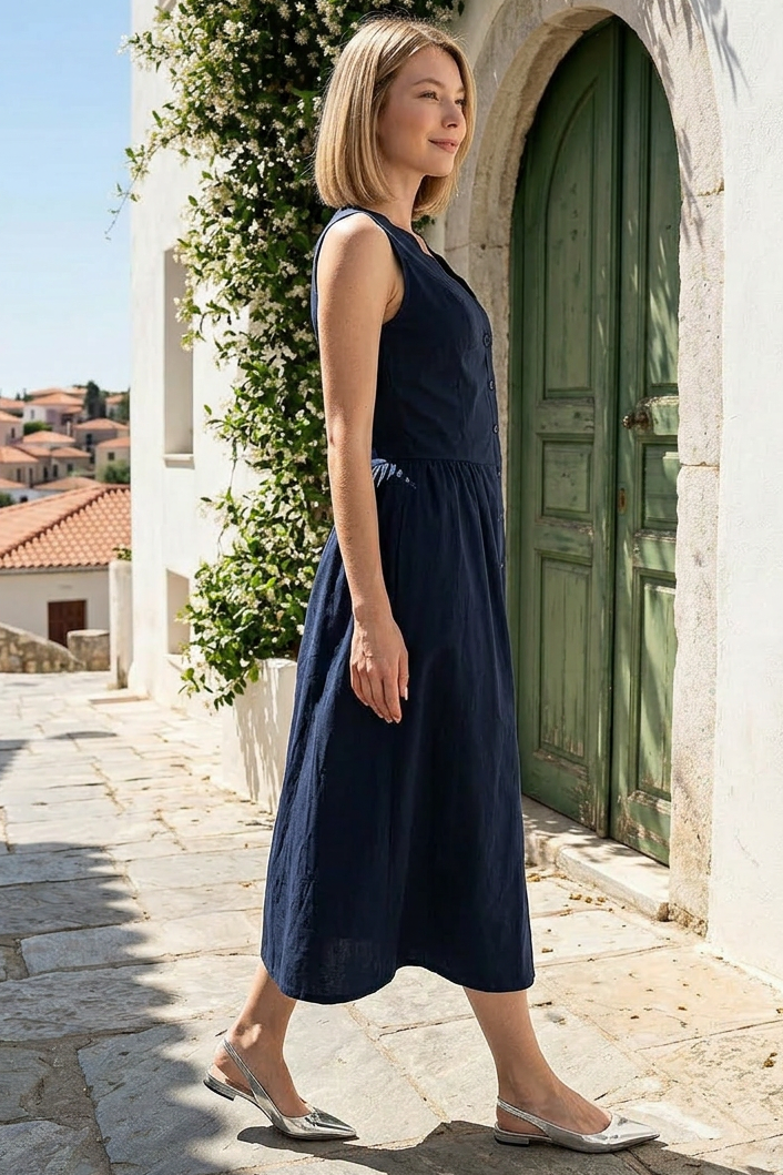 SCALLOP NECK SLEEVELESS MIDI DRESS - MIDNIGHT NAVY