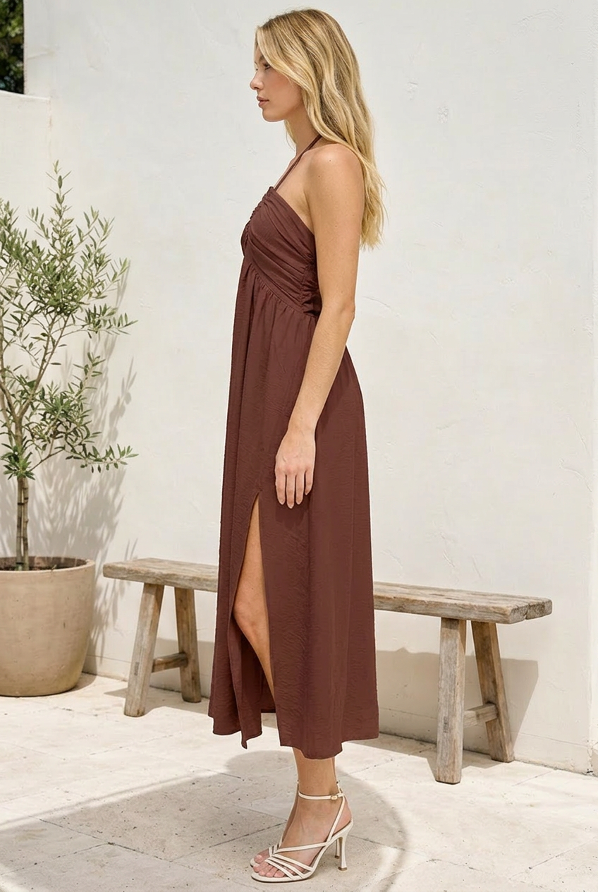 HALTER NECK OPEN BACK SELF TIE MAXI DRESS