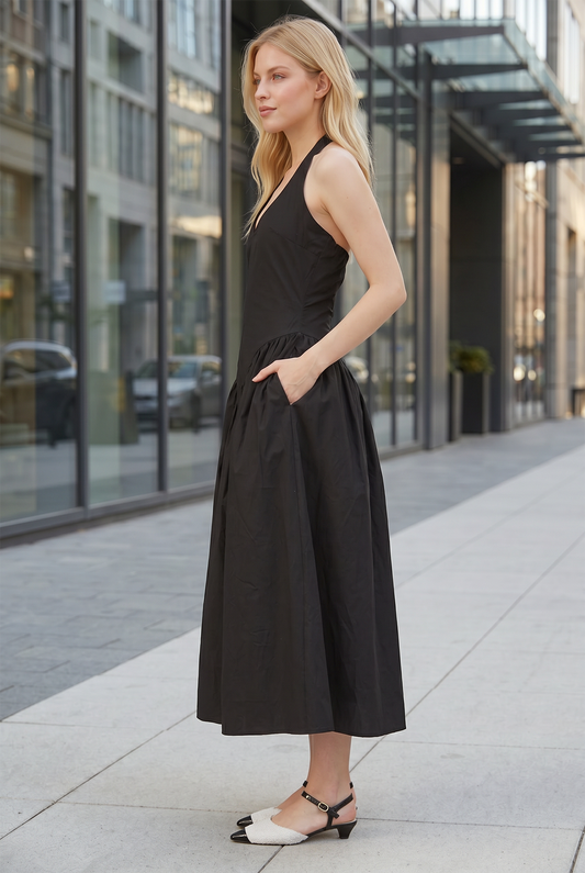 TULLE HALTER NECK MAXI DRESS WITH POCKET - BLACK