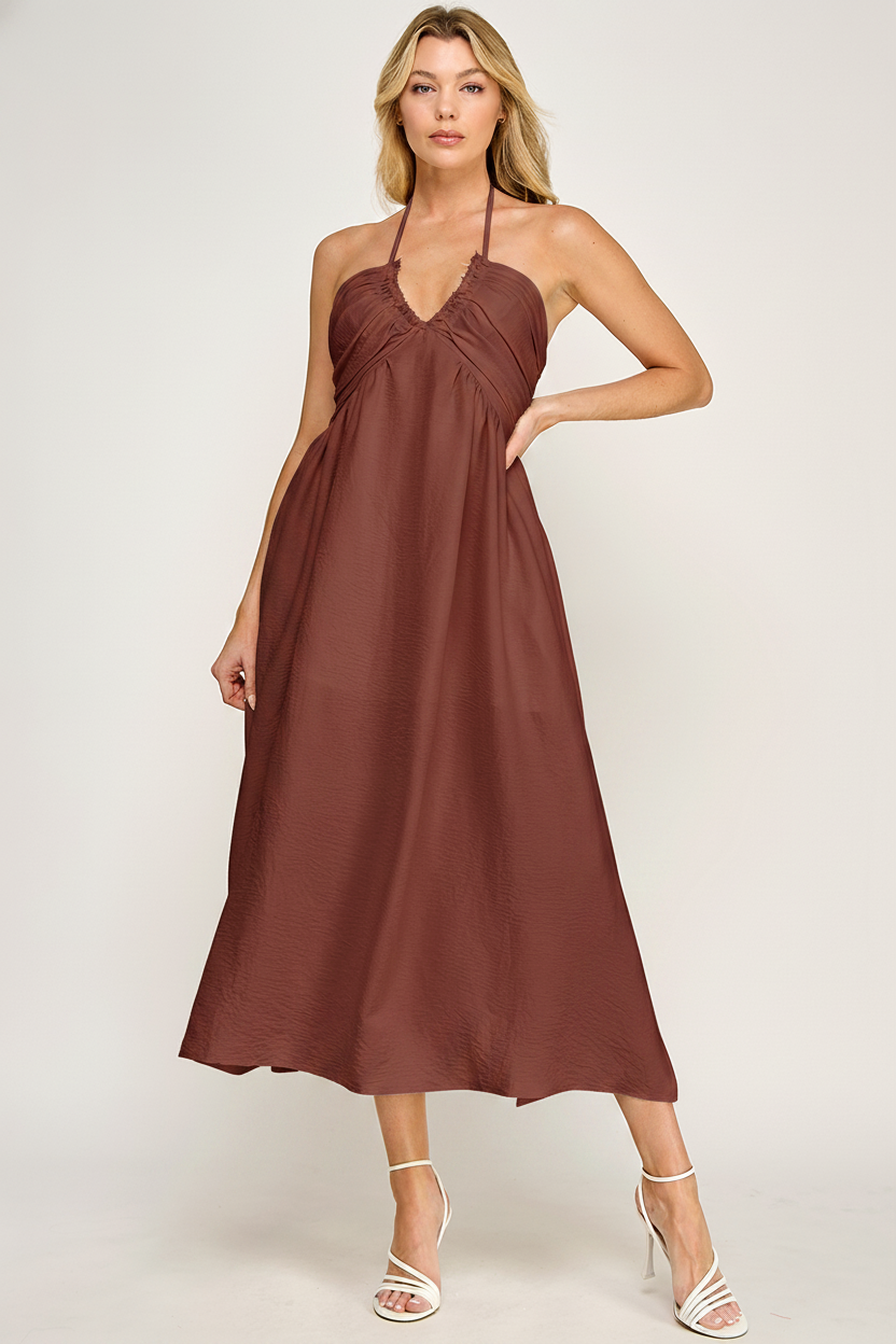 HALTER NECK OPEN BACK SELF TIE MAXI DRESS