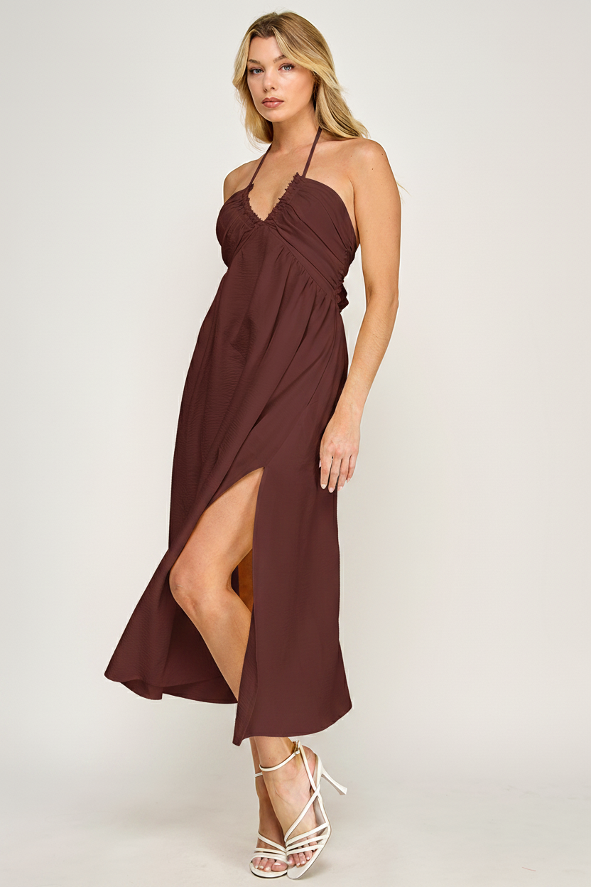 HALTER NECK OPEN BACK SELF TIE MAXI DRESS
