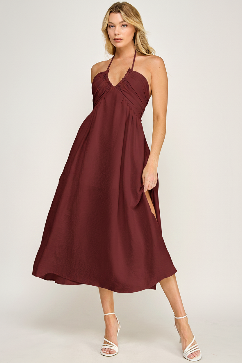 HALTER NECK OPEN BACK SELF TIE MAXI DRESS