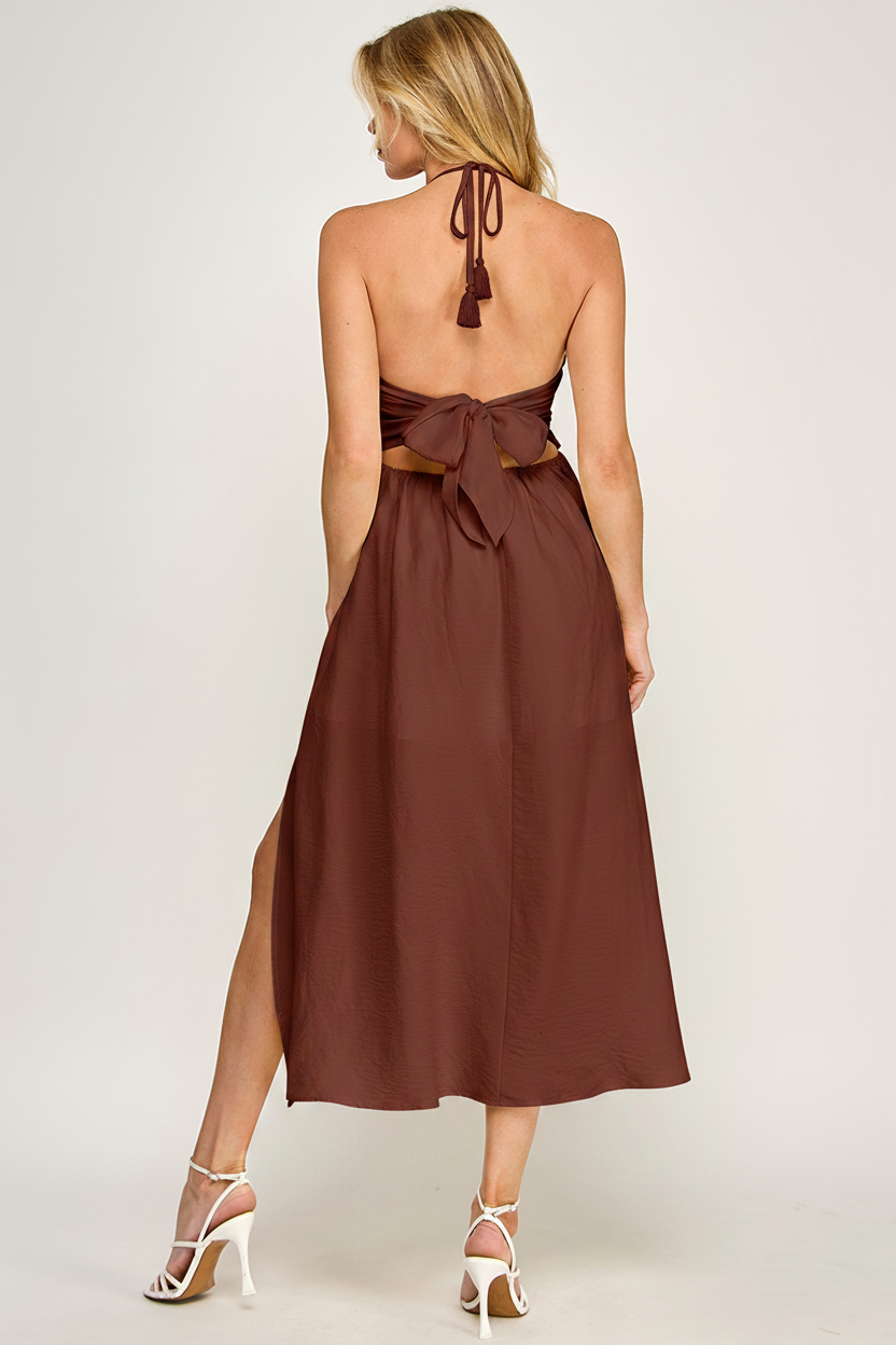 HALTER NECK OPEN BACK SELF TIE MAXI DRESS