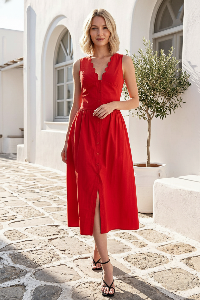SCALLOP NECK SLEEVELESS MIDI DRESS - SUMMER RED