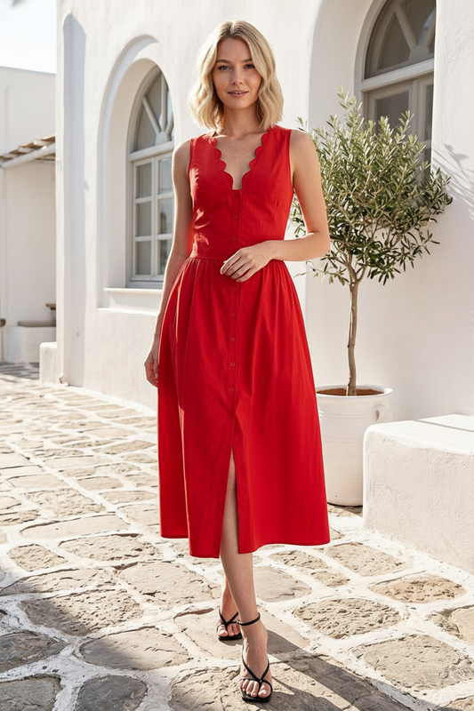 SCALLOP NECK SLEEVELESS MIDI DRESS - SUMMER RED