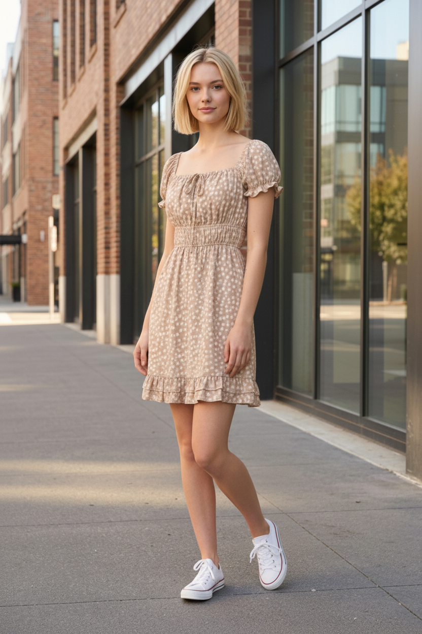 DEER PRINT SMOCKED MINI DRESS