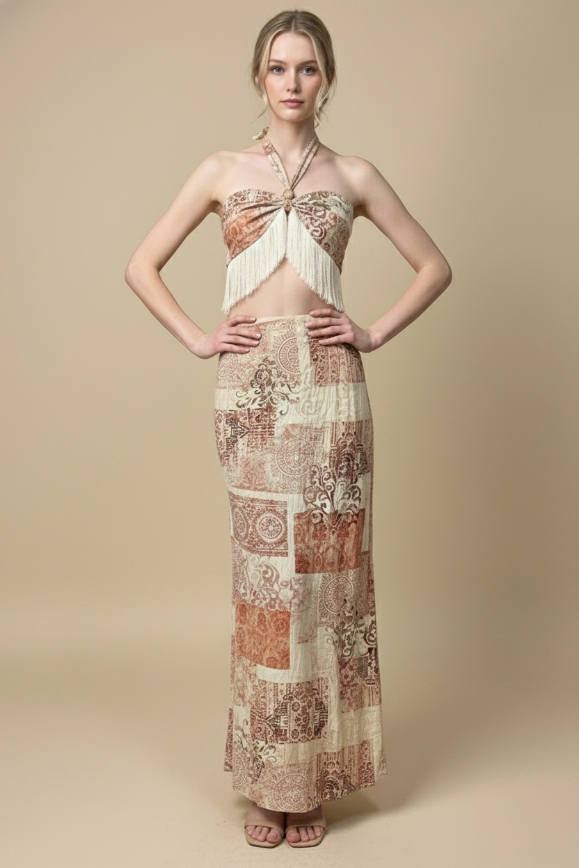 FRINGE HEM TOP + MAXI SKIRT PRINTED SET