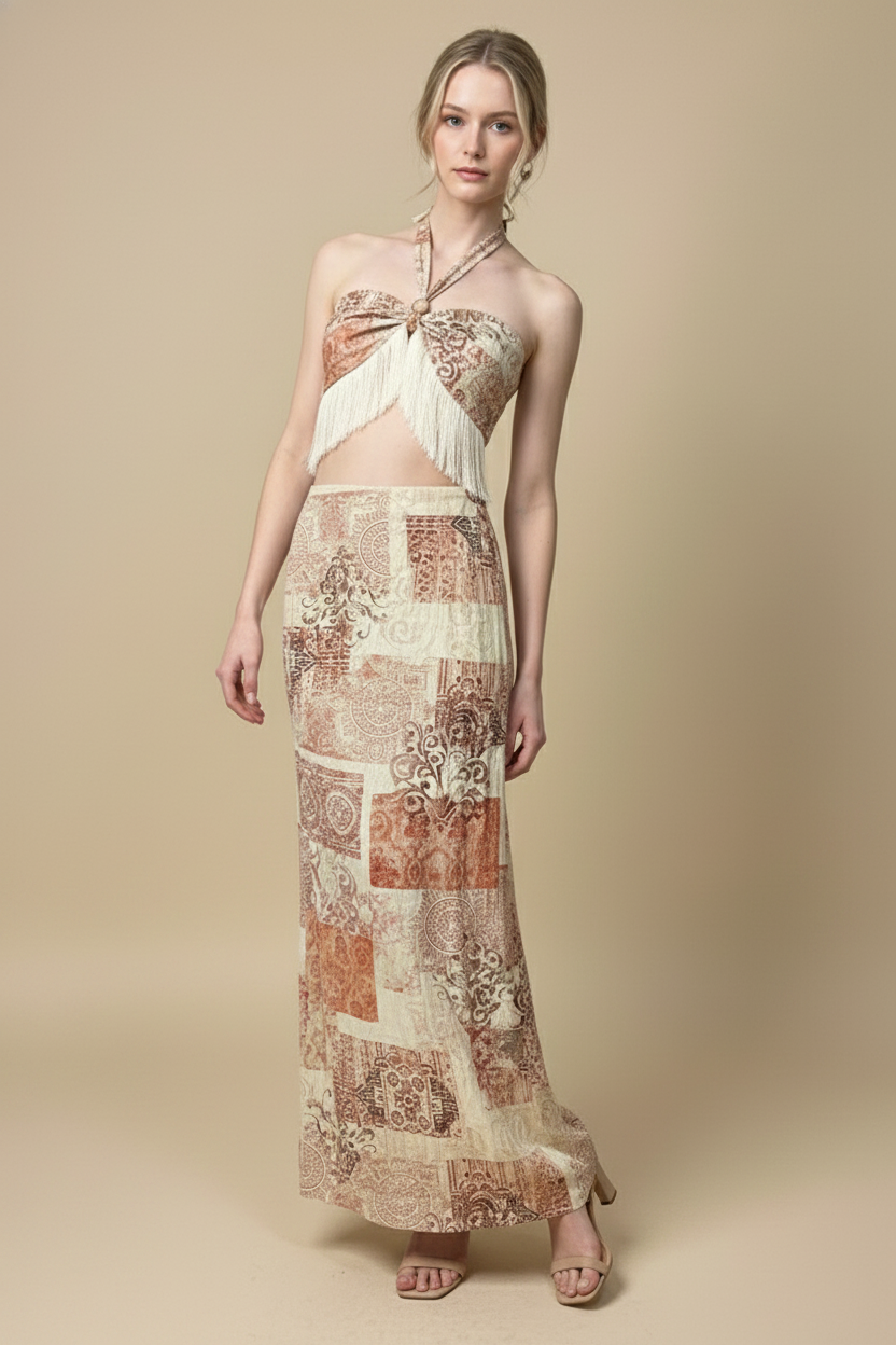 FRINGE HEM TOP + MAXI SKIRT PRINTED SET