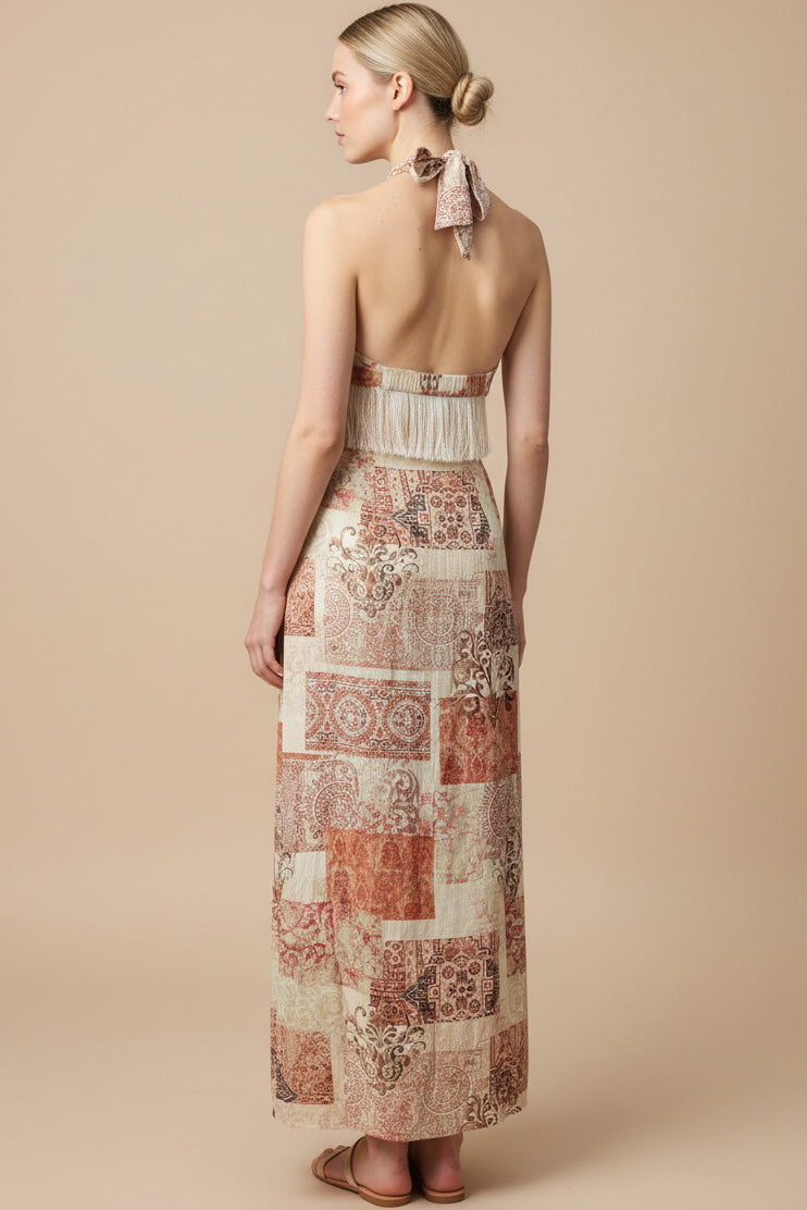 FRINGE HEM TOP + MAXI SKIRT PRINTED SET
