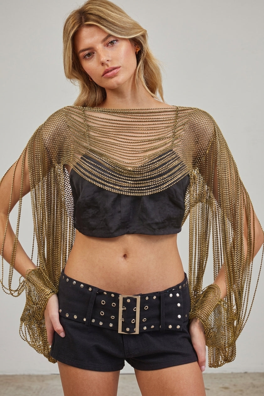 CRYSTAL DRAPE MESH PONCHO COVER UP TOP